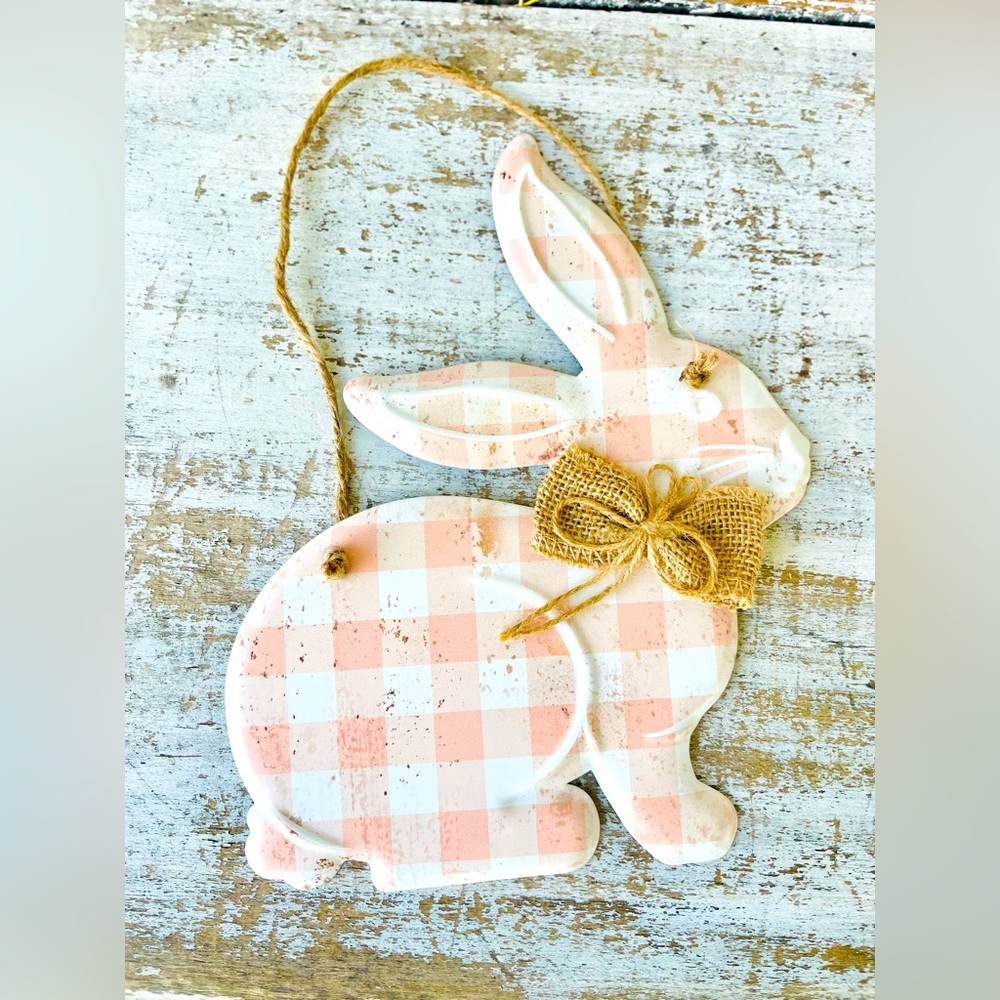 *Spring Peach Gingham Hanging Metal Bunny